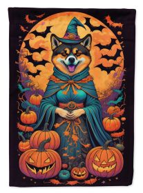 Akita Witchy Halloween House Flag Large Porch Sleeve Pole Decorative Outside Yard Banner Artwork Wall Hanging, Polyester, House Size, Multicolor