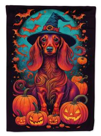 Longhair Dachshund Witchy Halloween House Flag Large Porch Sleeve Pole Decorative Outside Yard Banner Artwork Wall Hanging, Polyester, House Size